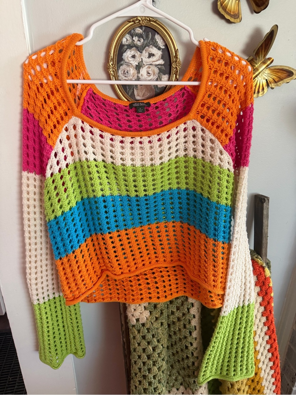 wild fable Orange, Hot Pink, Cream & Lime Open-Knit Stripe Sweater